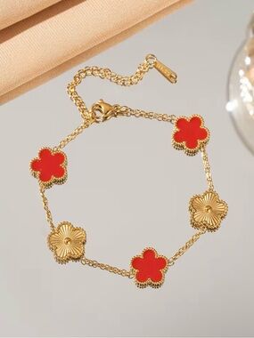 Stainless steel Gold and Red Floral Link Bracelet - Designer Style